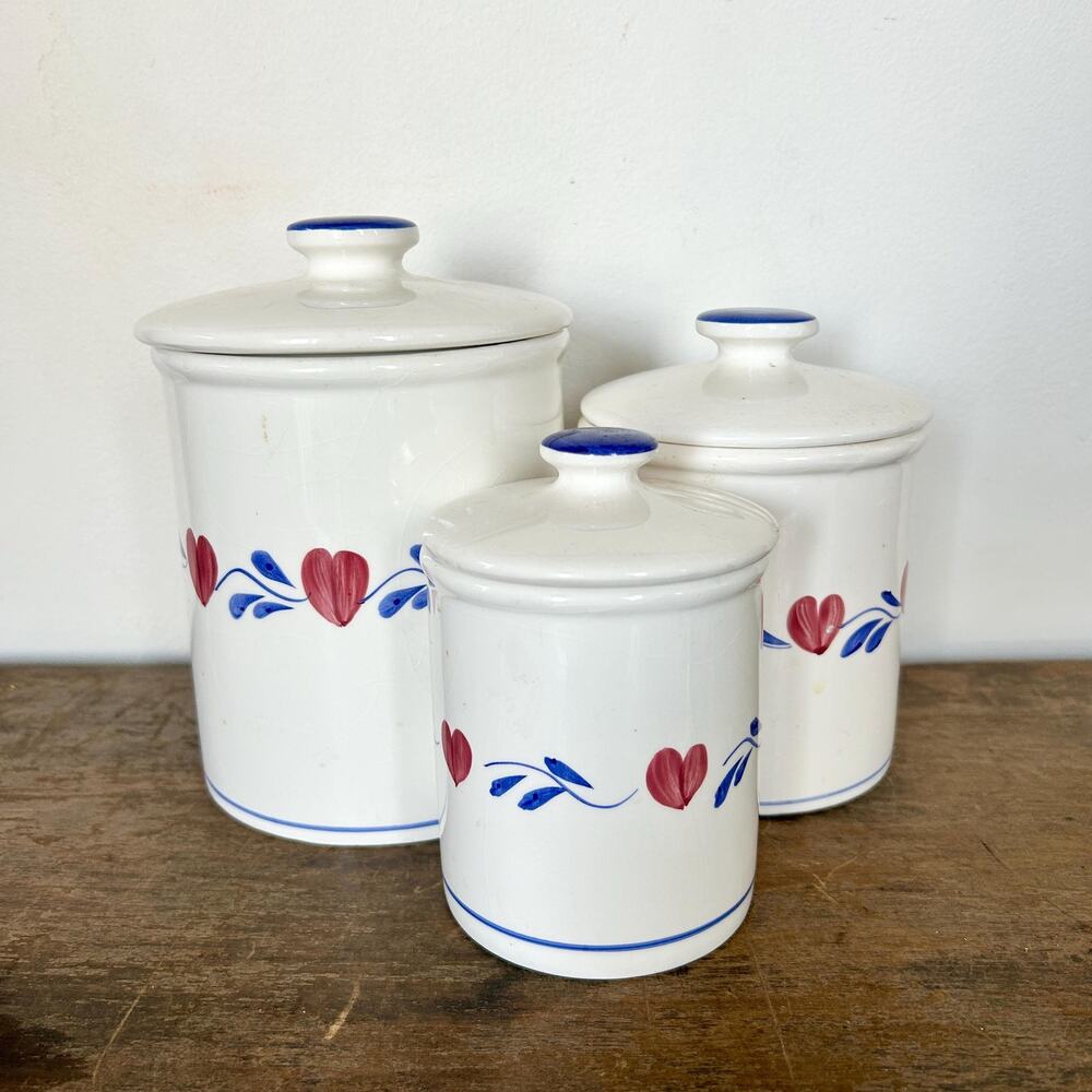 Vintage Ceramic Canister Set | Blue White Heart Kitchen Decor | Cottagecore